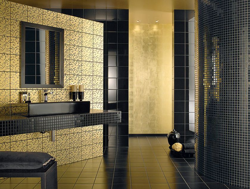 Minimalistyczna umywalka Memento (3105 zł) i subtelny ornament płytek Creative System (od 172 zł/m², dekor – 98 zł/szt.).