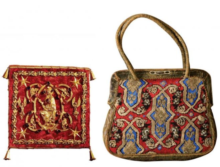 Torebka używana w liturgii katolickiej, z aksamitu, z granatami osadzonymi w złocie, XIII-XV w. Niemcy,