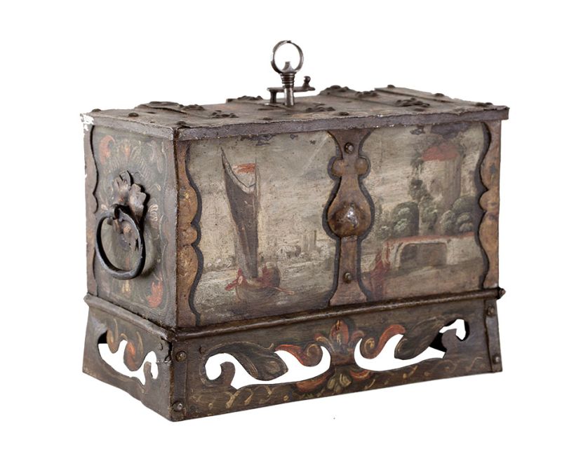 Drewniany, ręcznie malowany skarbczyk z 1615 r.