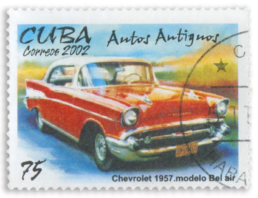 Znaczek pocztowy z Chevroletem. Pan samochód i samochodziki