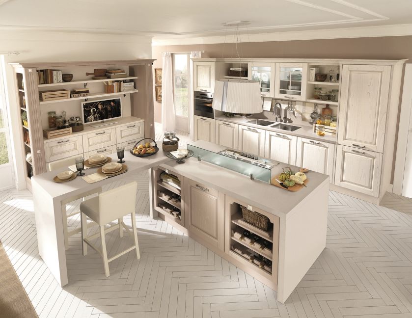 LAURA, drewniana kuchnia z wyspą i blatem, płyta gazowa oddzielona szklaną taflą, CUCINE LUBE, cucinelube.it