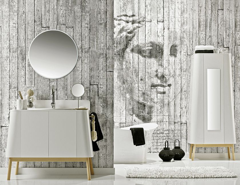 Tu łazienkę urządziły ściany obłożone drukowaną cyfrowo okładziną Concrete i Art. Cena – 180 zł za metr, Profile Vox.