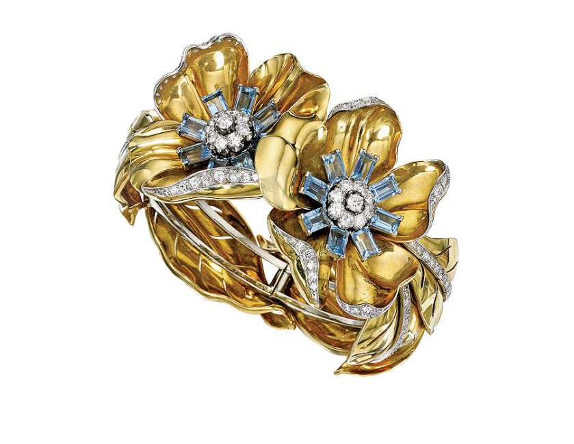 Złota bransoleta z akwamarynami i diamentami, Paul Flato, 1945 r., www.sothebys.com
