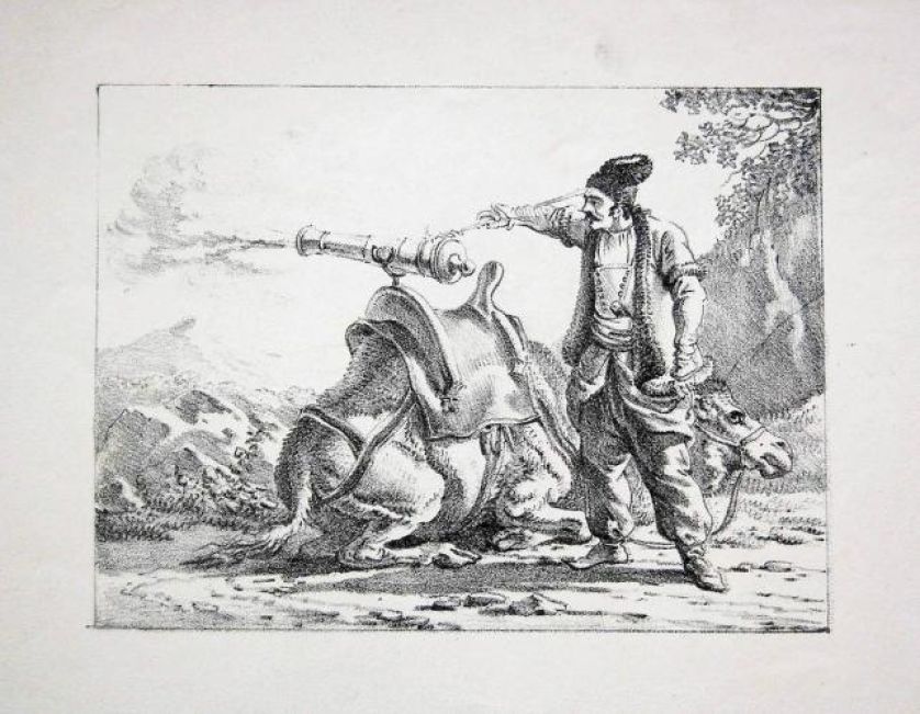 Aleksander Orłowski Artylerzysta strzelający z armaty umocowanej na siodle wielbłąda , RYNEK SZTUKI ŁÓDŹ