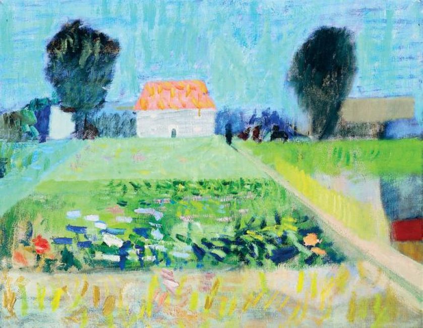 Artur Nacht-Samborski- Domek z czerwonym dachem wśród pól , ok. 1960 r., Muzeum Narodowe we Wrocławiu