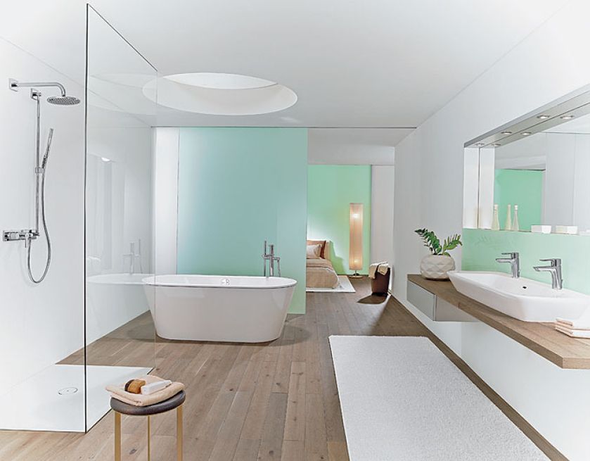 Hansaligna to bateria umywalkowa za 1161 zł i wannowa podłogowa za 9464 zł. Hansamatrix to zestaw