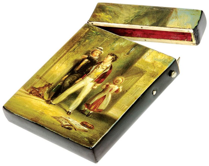 Wizytownik z papier mache, w całości ręcznie malowany i lakierowany, tutaj z motywami z powieści