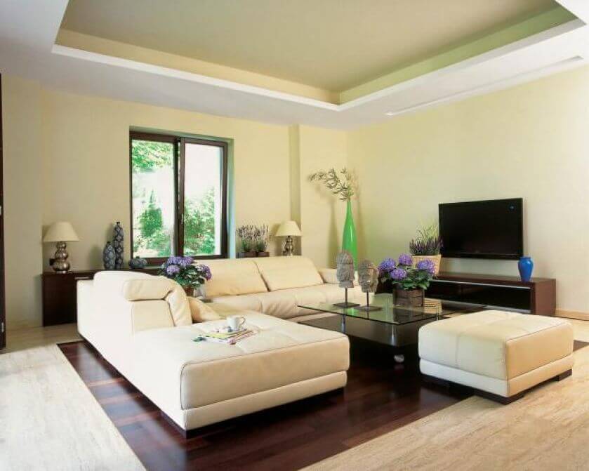 W salonie skórzane kanapy i szklany stolik.