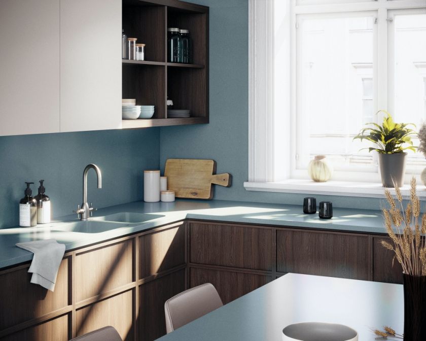 okładziny z konglomeratu na ścianie w kuchni