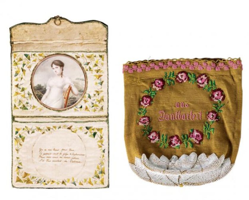 Haftowana torebka na listy, ze skóry i jedwabiu, z wierszem i miniaturą Favorin Lerebour, Francja, 1806 r., Tassen Museum
