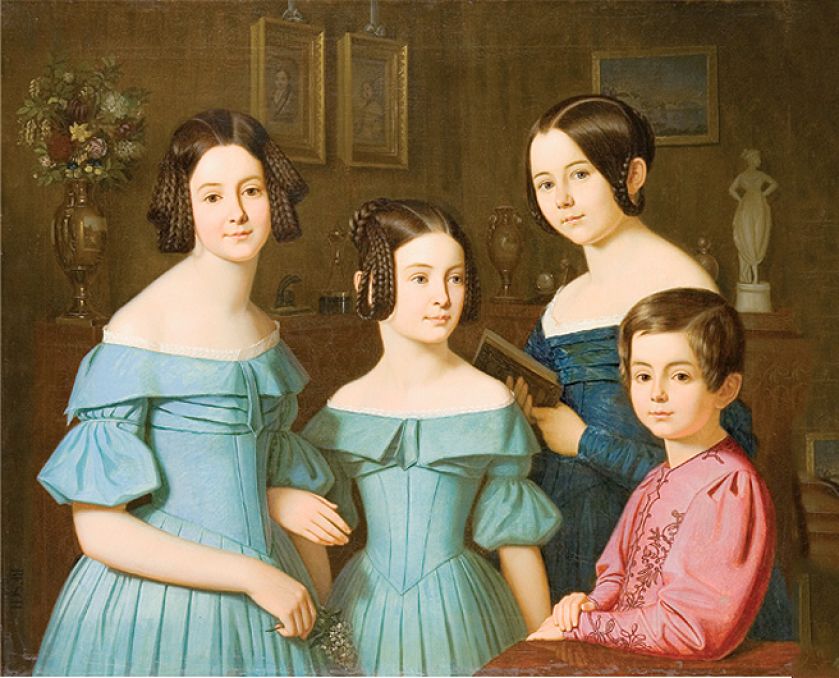 Portret dzieci w salonie, E. Resch, 1839 r.Kostium Pierrota był jednym z ulubionych przebrań.