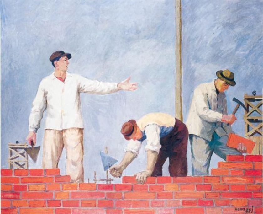 Aleksander Kobzdej Podaj cegłę , 1950 r., Muzeum Narodowe we Wrocławiu.