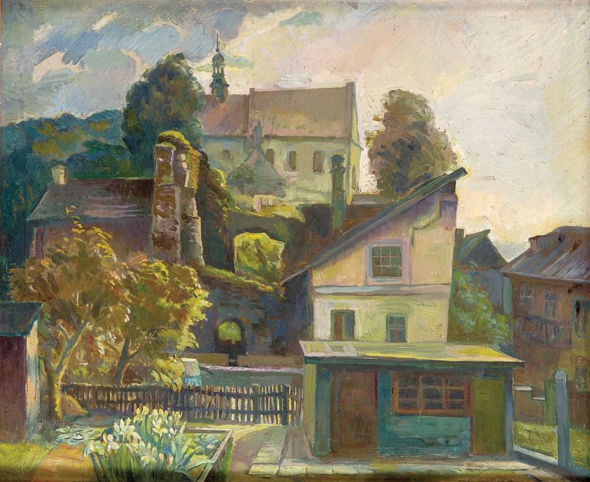 Pejzaż z klasztorem i piekarnią (klasztor Reformatów w Kazimierzu Dolnym), lata 1965-1966.