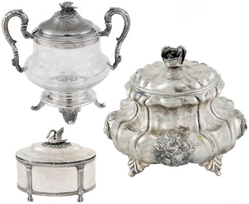 Nakrywa srebrna, korpus ze szkła szlifowanego, Francja, koniec XIX w., cs 2200 zł, REMPEX. Cukiernica