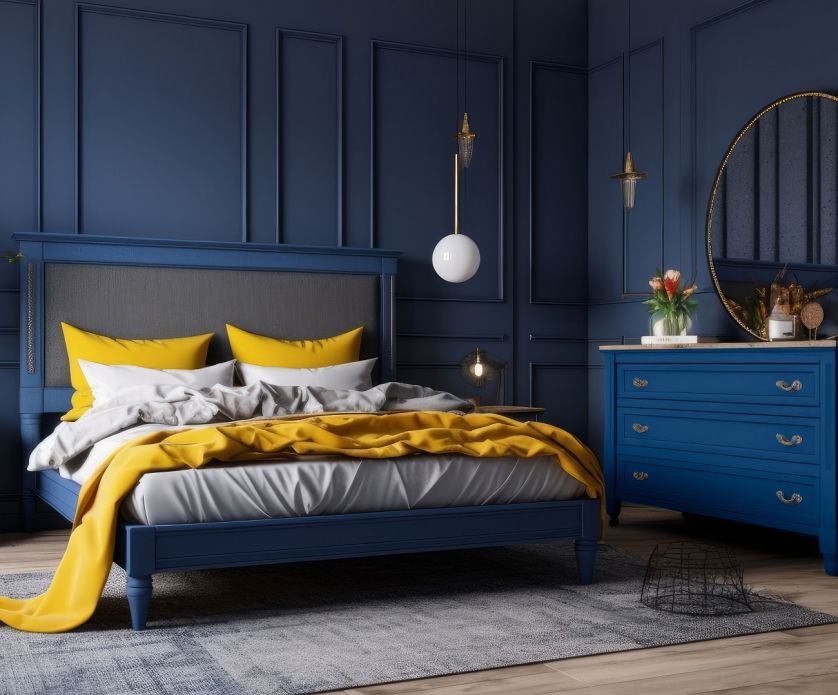 granatowa przytulna sypialnia