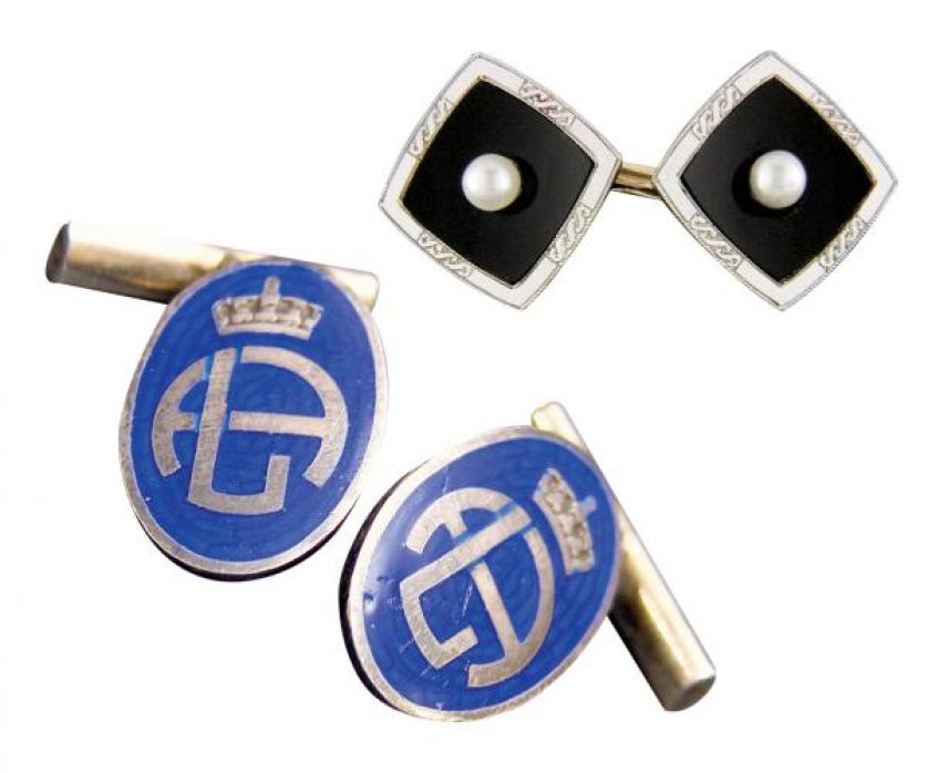 Onyksowe, artdecowskie spinki z perłą w środku, ok. 1930 r., Carrington Company, WWW.JEWELRYEXPERT.COM Srebro