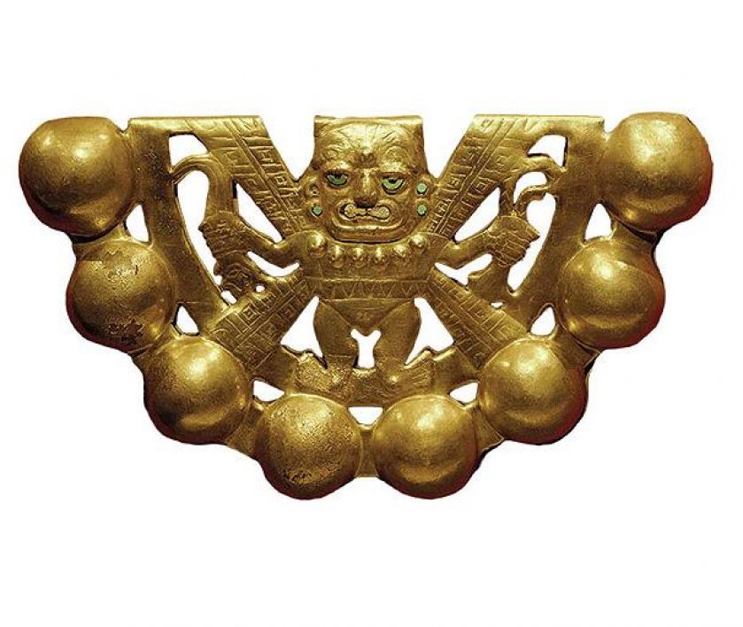 Peruwiańska złota grzechotka z wizerunkiem boga
