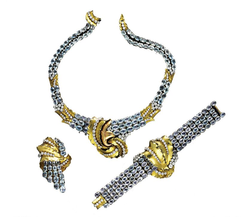 Ulubiony komplet Joan Crawford: złoto, akwamaryny i diamenty, Verger Frères, 1935 r., Museum of Fine Arts, Boston