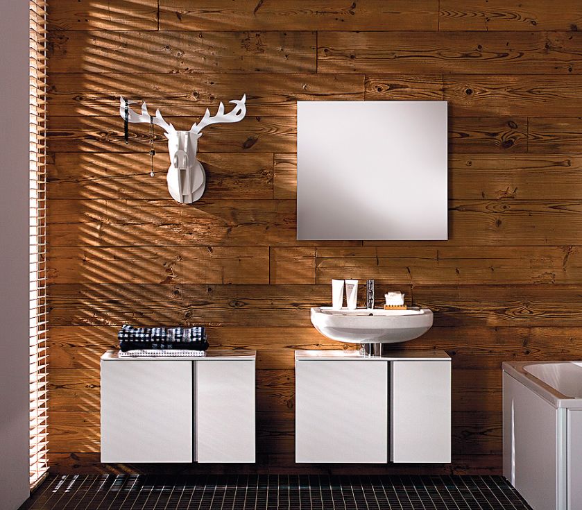 Umywalka Primo (cena od 161 zł, 4 wielkości) i minimalistyczne meble na tle drewnianej ściany, KOŁO