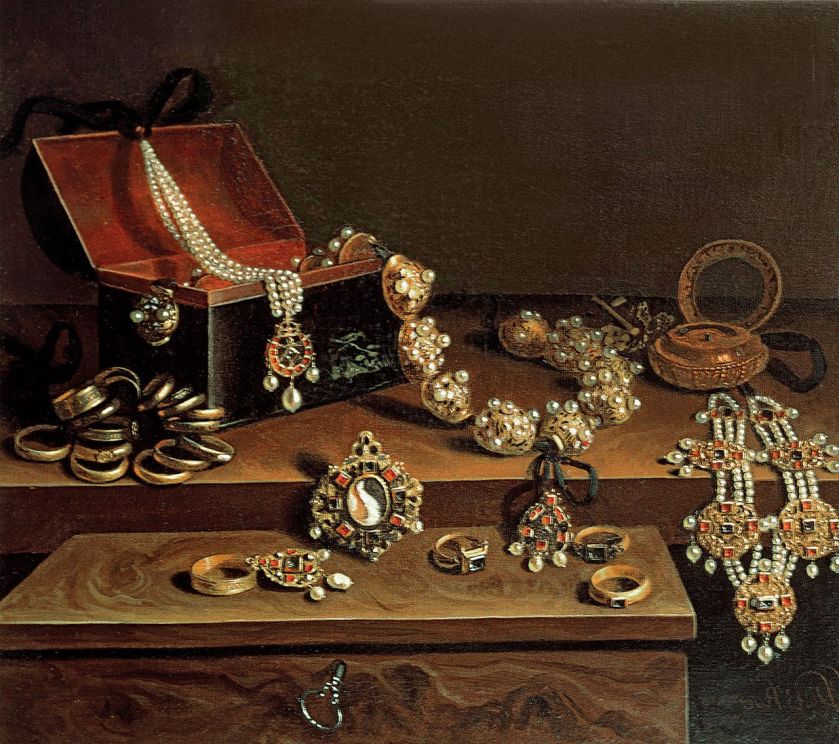 Szkatułka z niemiecką biżuterią na stole , Pieter Gerritsz van Roestraten