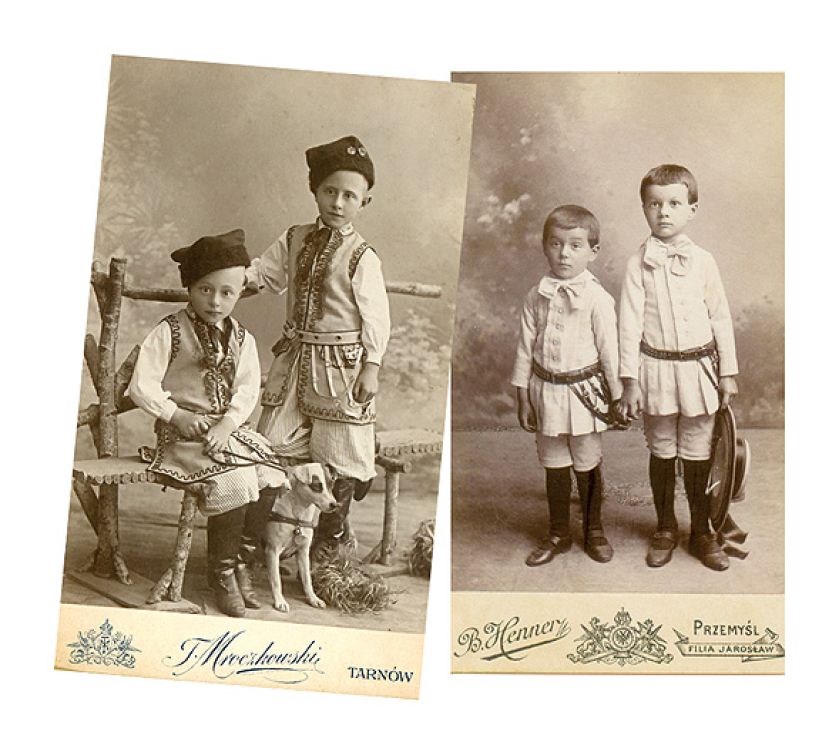 Z lewej strony: w stroju krakowskim, T. Mroczkowski, Tarnów. Z prawej: chłopcy w tunikach, B. Henner, Przemyśl