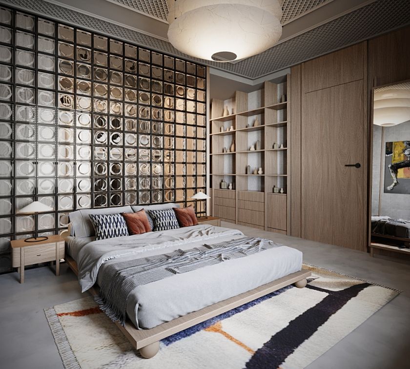 sypialnia ze ścianą z luksferów