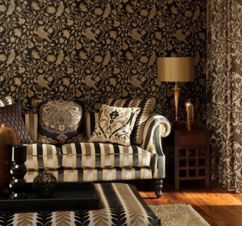 Bogate wzory, wyciszone pasami, kolekcja Zagora, Monkwell. Aranżer