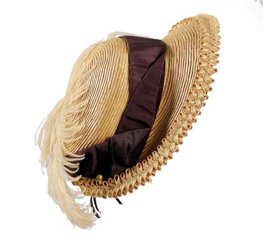 Bonet ze słomy z jedwabną wstążką i piórkiem, 1890 r.