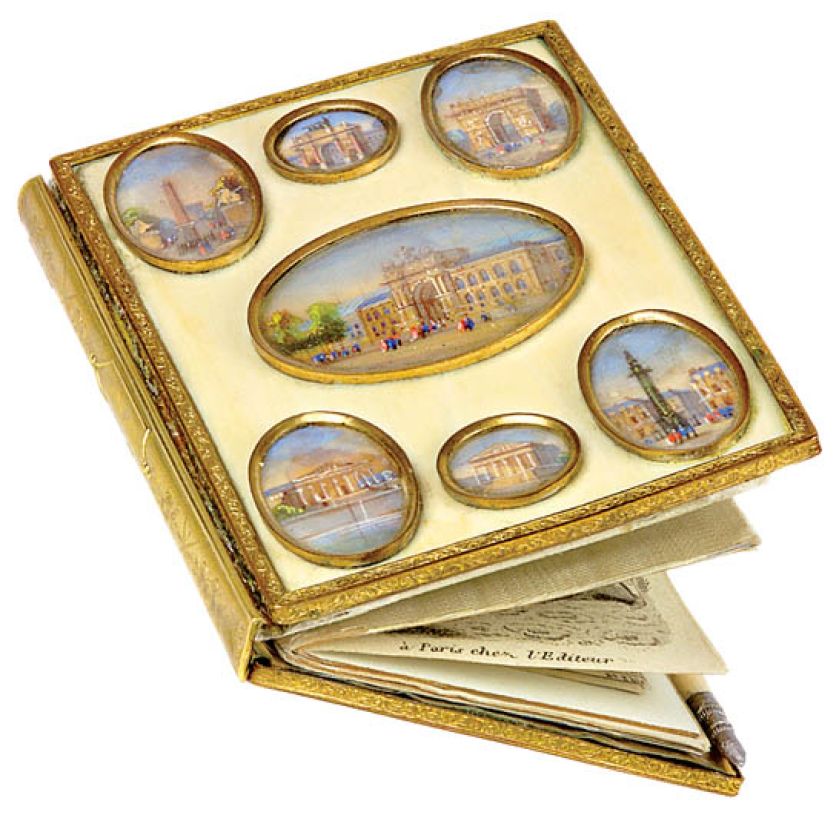 Kość słoniowa, wizytownik z notesem i kalendarzykiem, zdobiony miniaturami widoków paryskich, Francja, 1880-1890 r., z