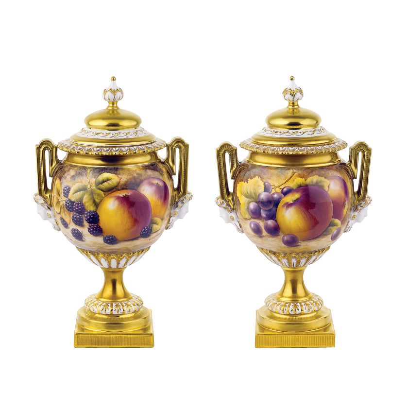 Wazy z jabłkami i jeżynami, XIX w. Owoc jak malowany. Angielska porcelana z Royal Worcester