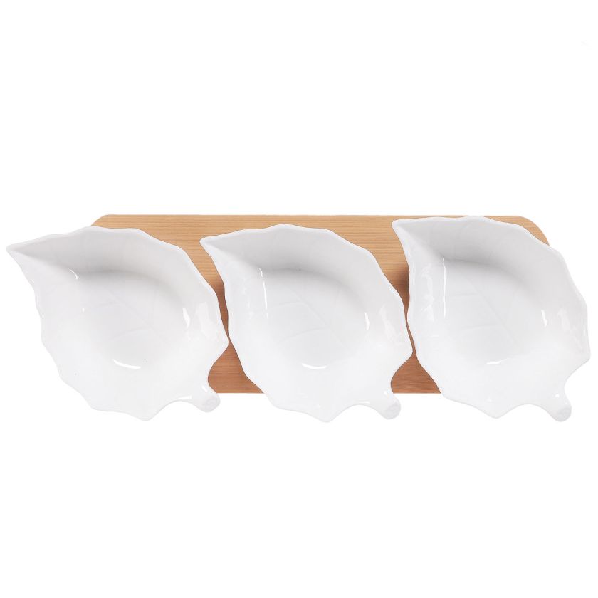 Patera Blatto - połączenie trzech ceramicznych miseczek w kształcie liści z podstawą z drewna, 49 zł, HOME YOU