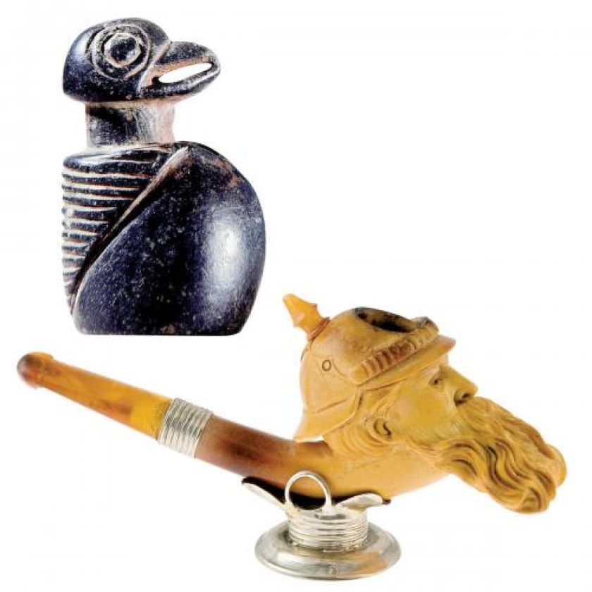 Prehistoryczna fajka ze steatytu, Ameryka, FORUM. Cygarniczka dwuczęściowa w kształcie głowy brodatego mężczyzny, ustnik z