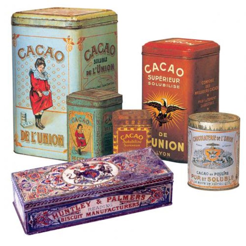 Puszki na kakao francuskiej firmy De L union. Puszka na ciastka, projekt Ben George, 1868 r.