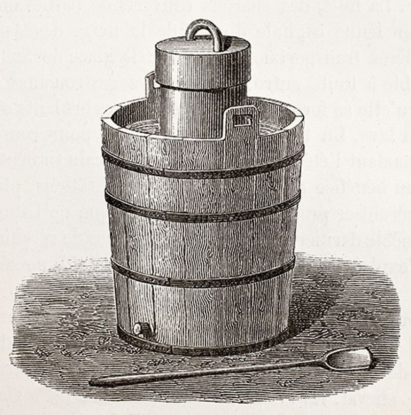 Rycina przedstawiająca starą maszynkę do lodów, Francja, 1873 r.