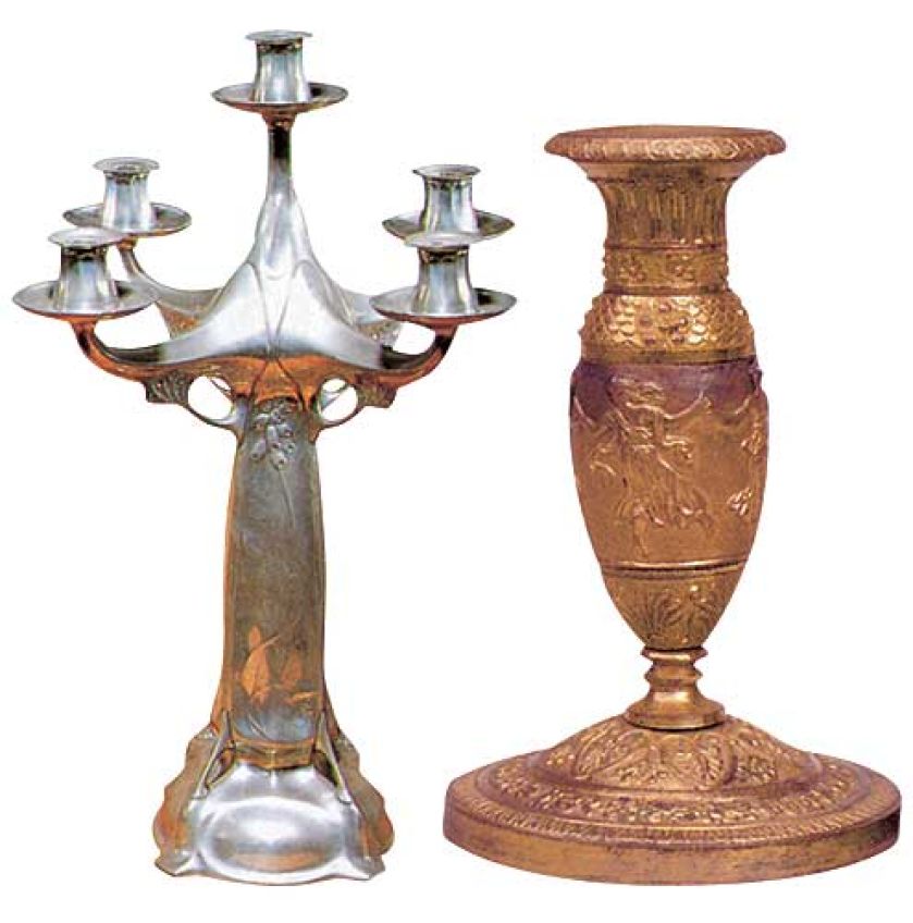 Kandelabr z cyny Kayserzinn w stylu art nouveau, ok. 1890 r., Niemcy. Świecznik z brązu złoconego, I poł. XIX