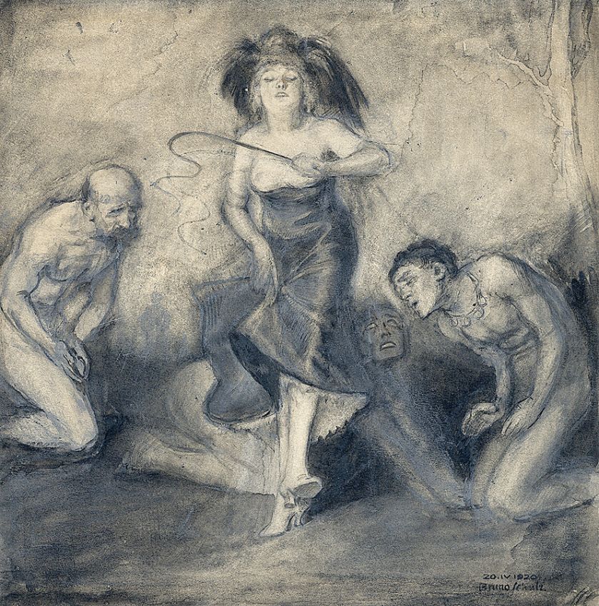 Bruno Schulz - Kobieta z pejczem i trzej nadzy mężczyźni, 1920 r.