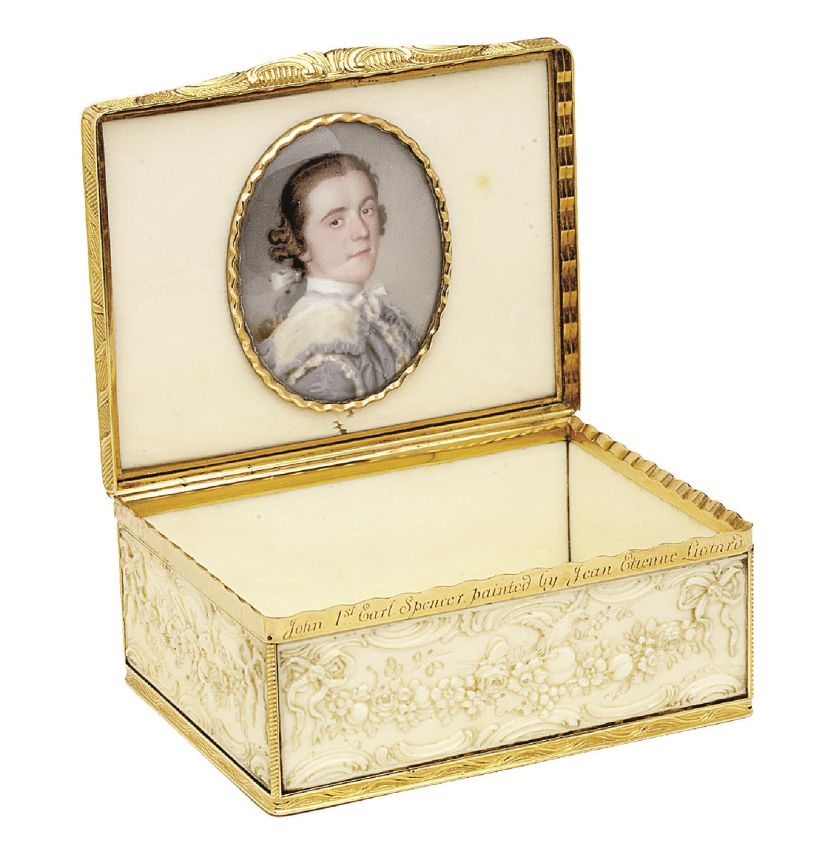 Pudełko ze złota i kości słoniowej z miniaturą autorstwa Jeana-Étienne’a Liotarda, XVIII w.