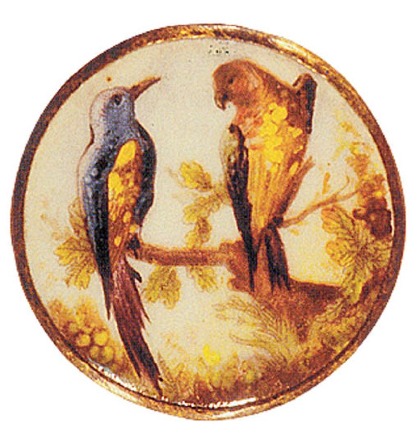 Guzik malowany w egzotyczne ptaki. Guzik z pętelką