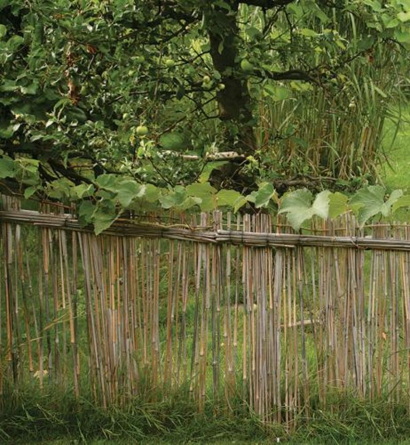 Płotek upleciony z suszonych traw. Ogród pełen traw i żywopłotów