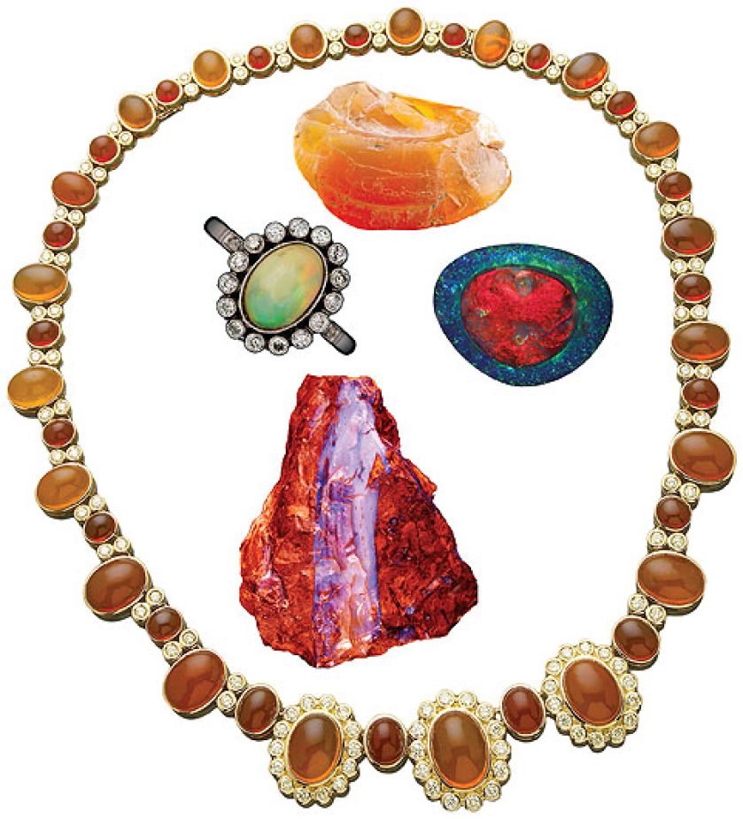 Od góry: opal ognisty, opal mleczny z diamentami, bukowskis.com, słynny The Flame Queen, bonhams.com, opal