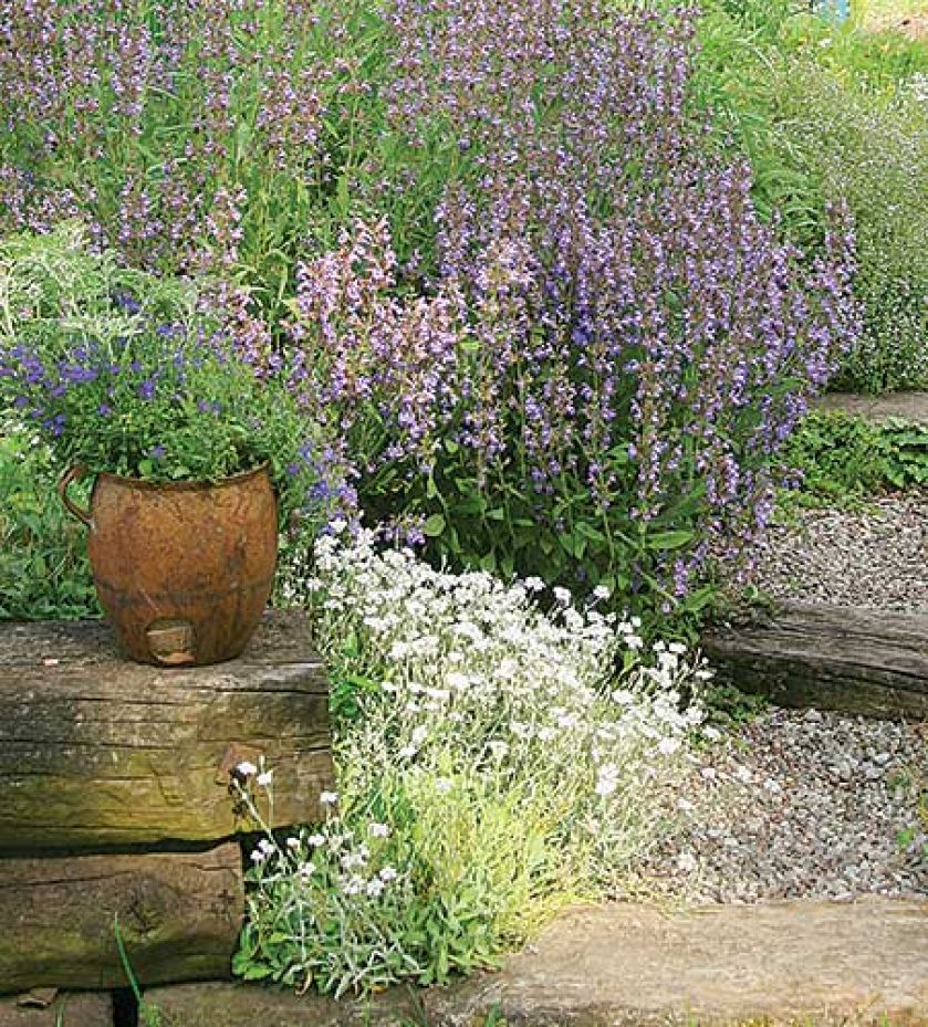 Podkłady kolejowe tworzą piękną kompozycję z donicami i kwiatami.