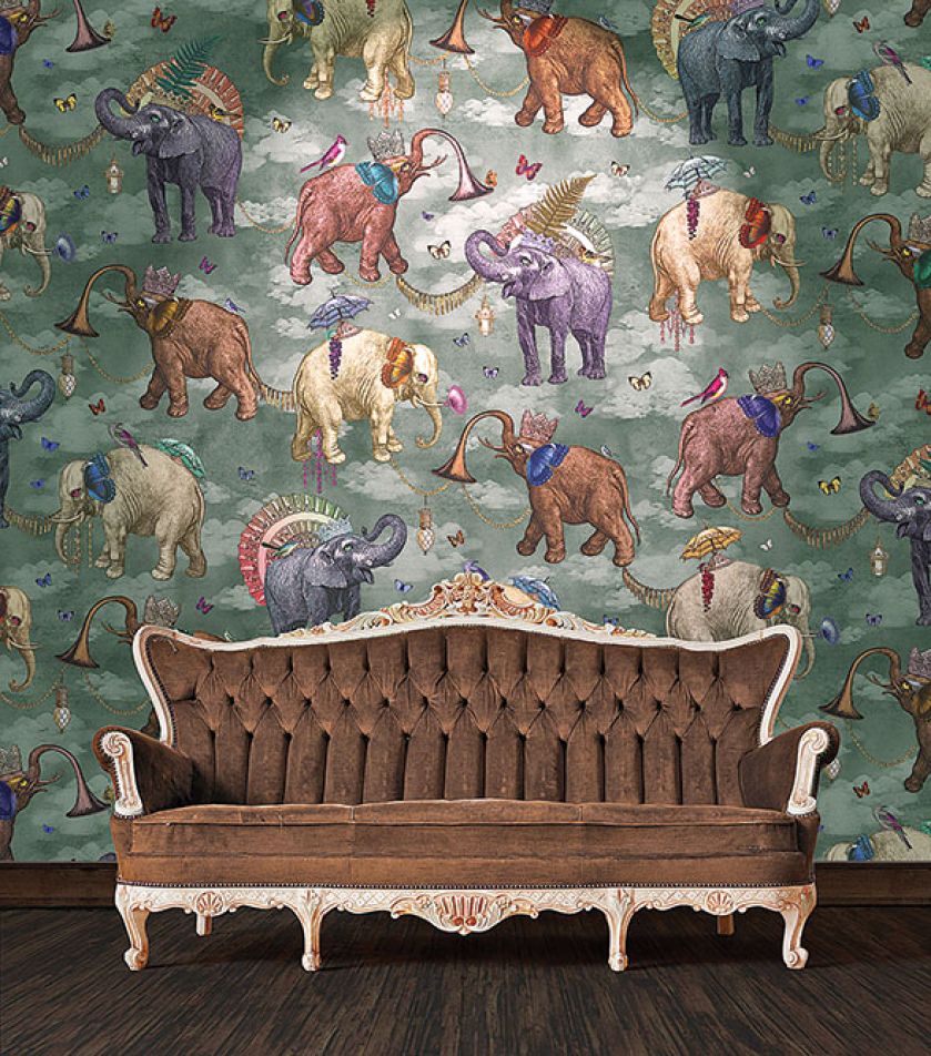 ELEPHANT’S MARCH, tapeta z malowniczym stadem słoni, LIME LACE