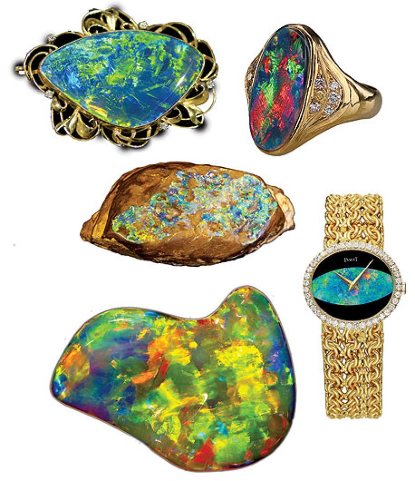 Od góry: czarny opal australijski, bonhams.com, pierścień z australijskim opalem, opal pawi, damski złoty zegarek z opalem,