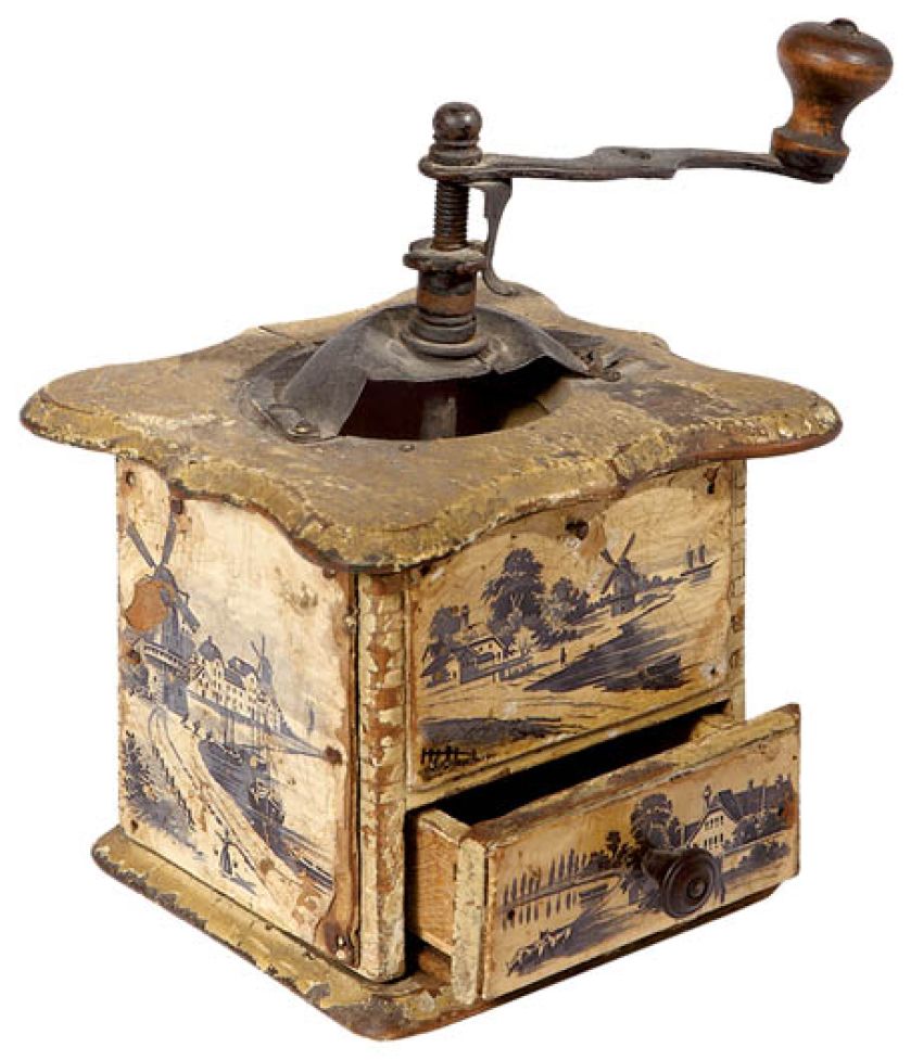 Drewniany młynek do kawy, z malowanymi motywami holenderskimi, XIX w., własność Zofii Drohomireckiej ? sklep