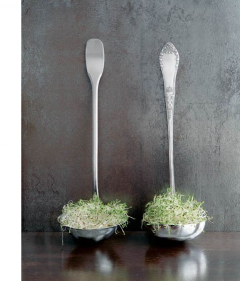 Platerowane srebrem łyżki wazowe. Lewa - z kolekcji Spaten, prawa - z kolekcji Romański, ornamenty w lilie