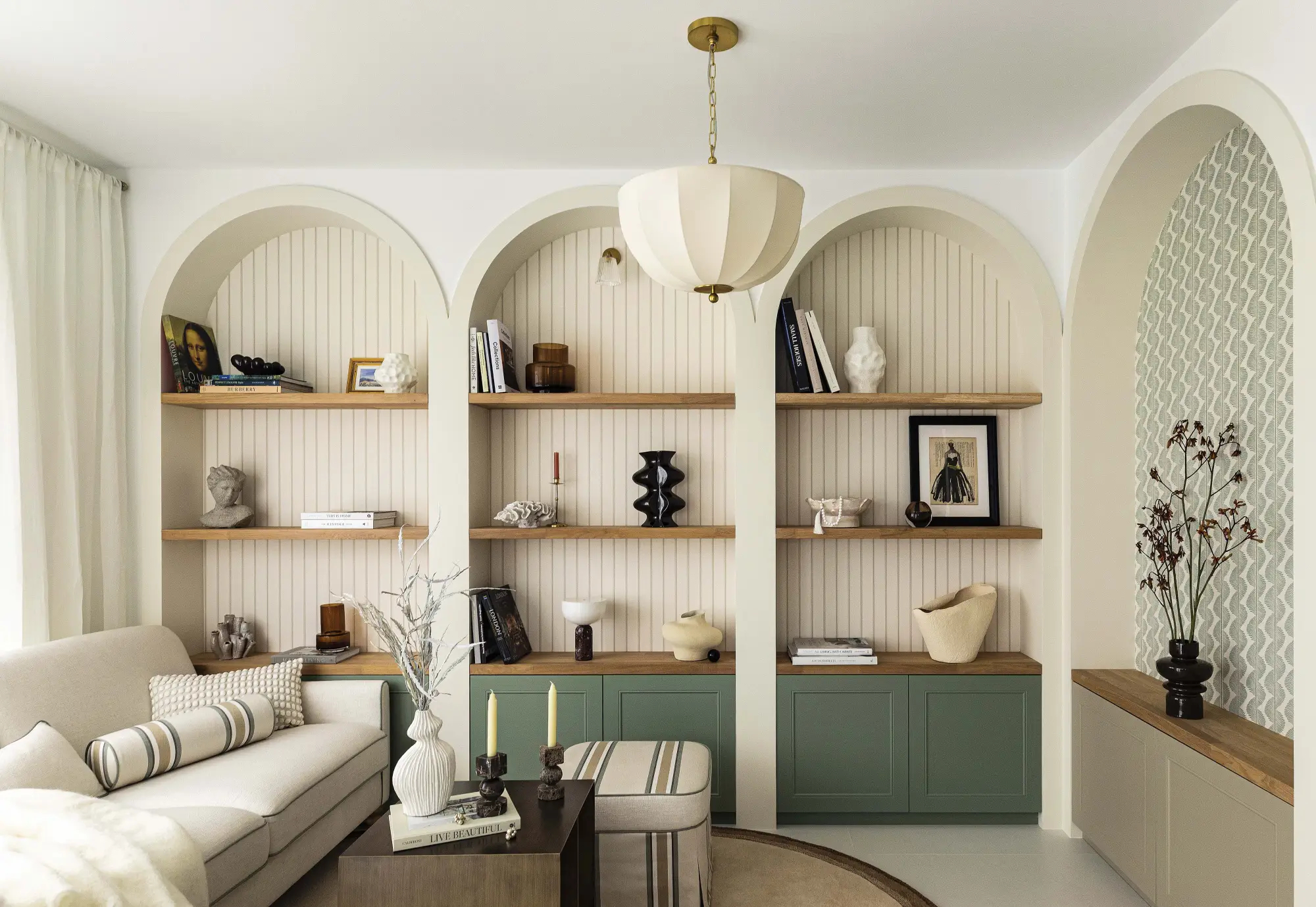 beżowo zielony salon w stylu angielskim