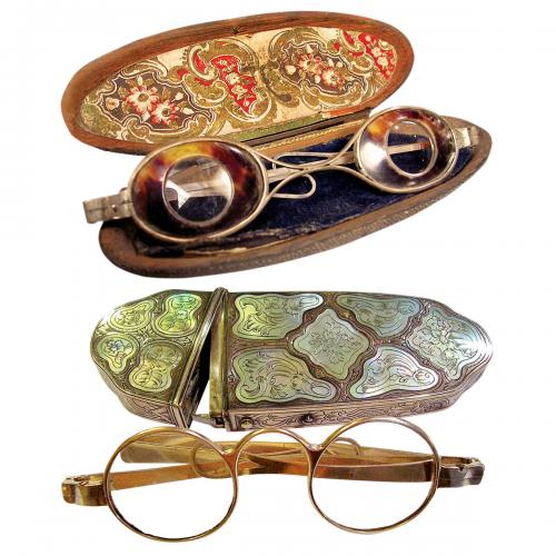 Okulary z szylkretowym wypełnieniem i srebrnymi oprawami, XIX w. Pozłacane i inkrustowane etui na okulary, koniec XIX w.