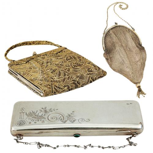 Torebka damska z tkaniny i niklowanego metalu, ok. 1925 r., Polska, cw 400 zł, REMPEX. Torebka balowa ze srebra,